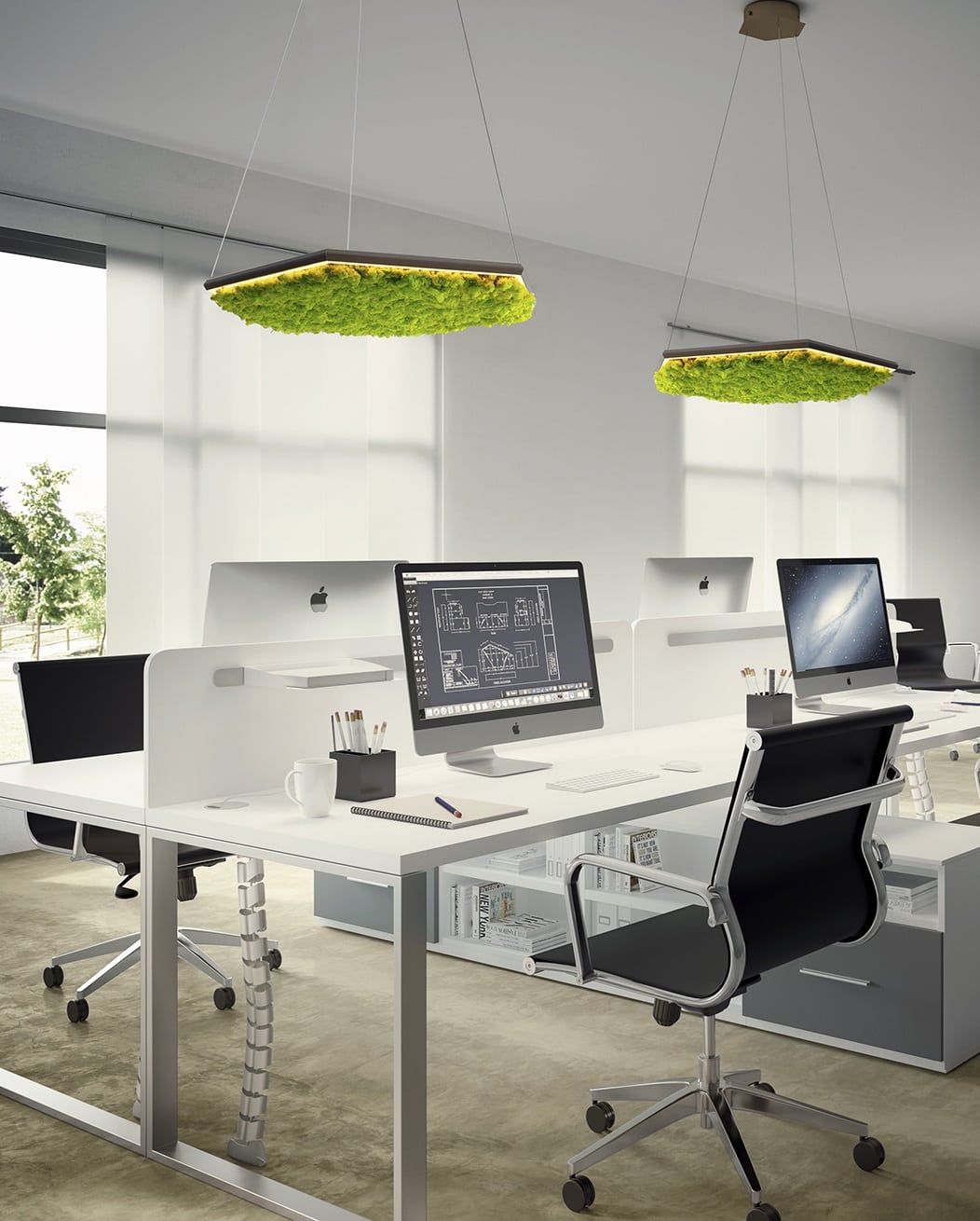 EXAGON_SILENCE_GREEN_suspension_lampada_fonoassorbente_licheni_OLEV_uffici_rumore_ufficio